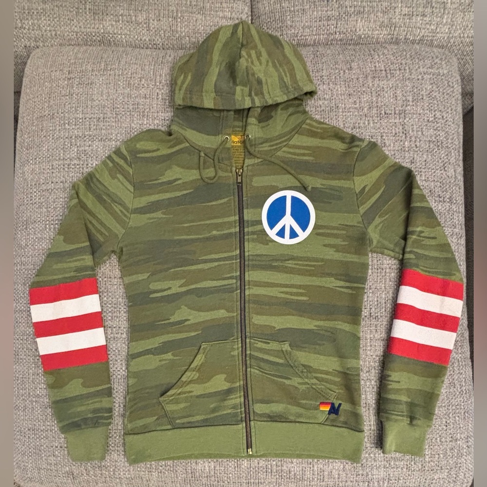 RARE Aviator Nation Camo ☮️ Peace Warrior Full Zip Hoodie Unisex Size Small
